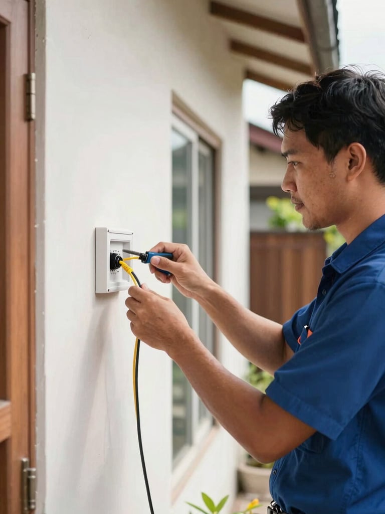 Friendly Indonesian local internet technician neatly installing fiber optic cable on a residential house wall, bright daylight, professional tools, warm local context