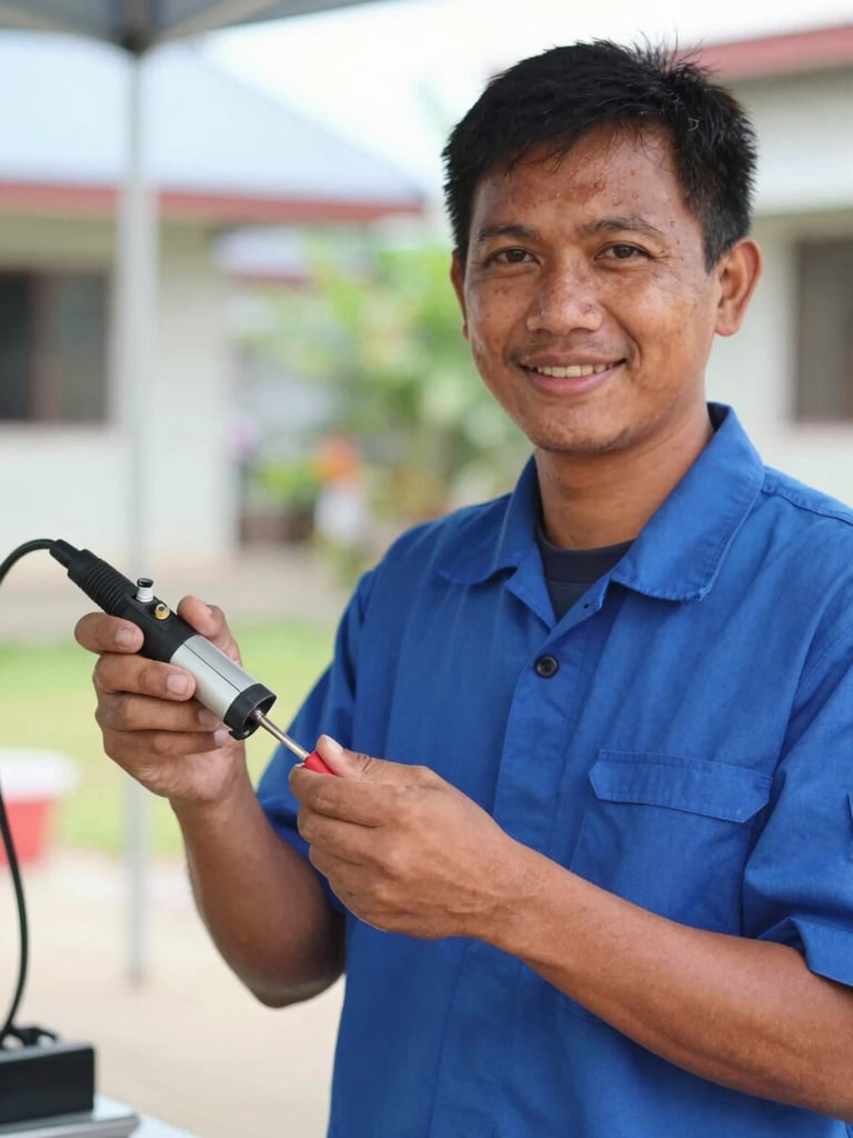 Friendly Indonesian technician wearing a neat blue uniform, smiling at the camera while holding a fiber fusion splicer tool, outdoor setting in Luwu, bright daylight, shallow depth of field.