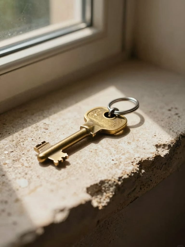 Close-up of a brass key ring resting on a sun-dappled stone window sill in Provence, soft focus, warm background