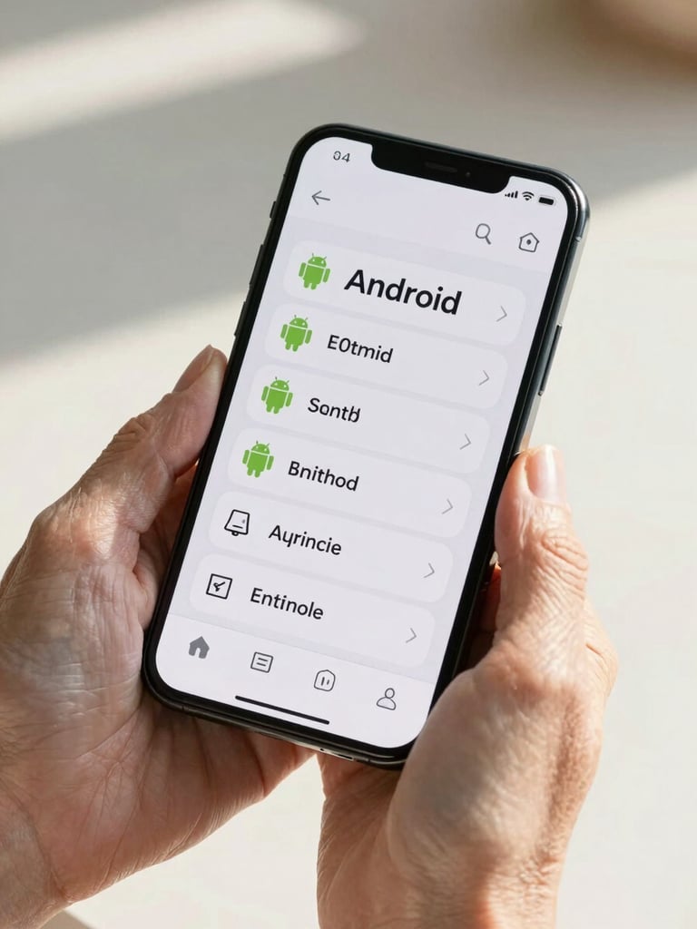 Close-up of an elderly person's hands holding an Android smartphone with high-contrast text and simplified navigation, warm natural light, soft shadows