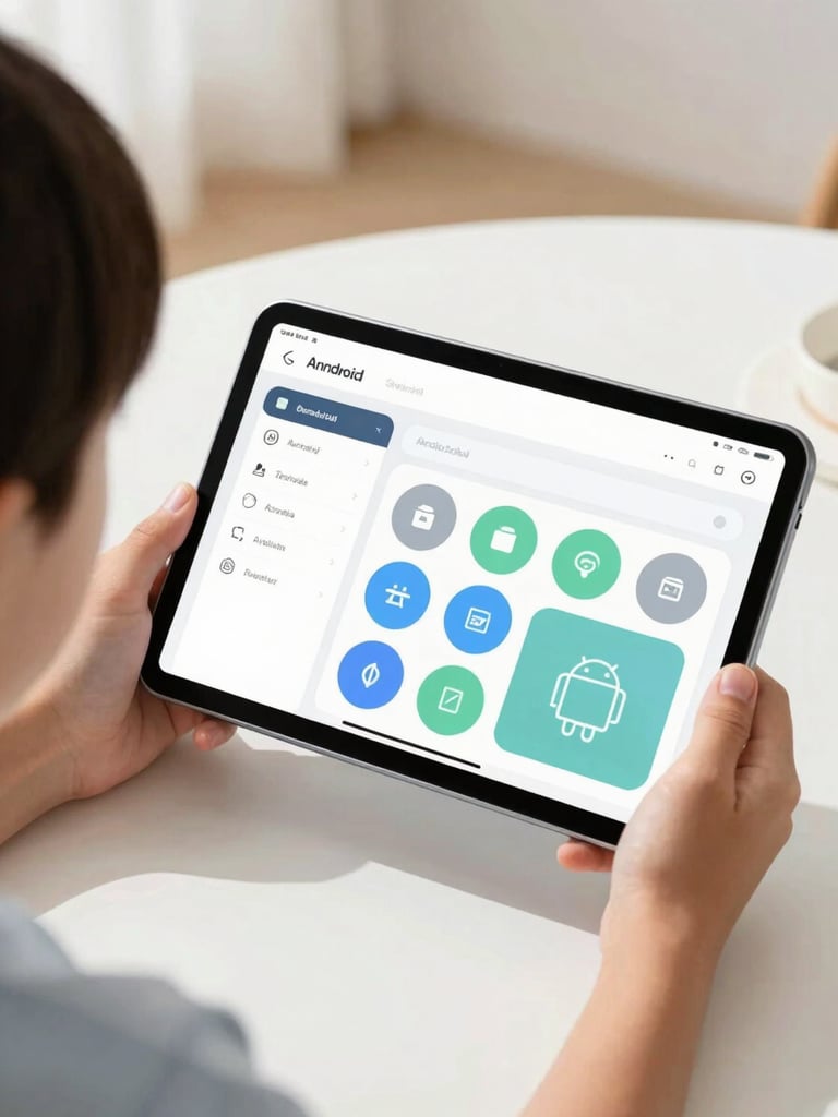 Close-up of a child's hands holding a lightweight Android tablet showing a clean vector educational interface with large buttons, bright natural daylight, soft shadows