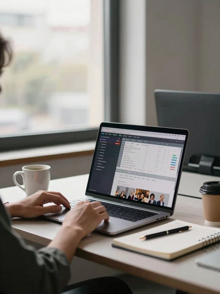 Wide shot of a small agency desk during a working session, a laptop screen showing a social media scheduling dashboard, a notebook open beside it, hands on the keyboard, soft north-facing daylight through a tall window, coffee mug at the edge of the frame