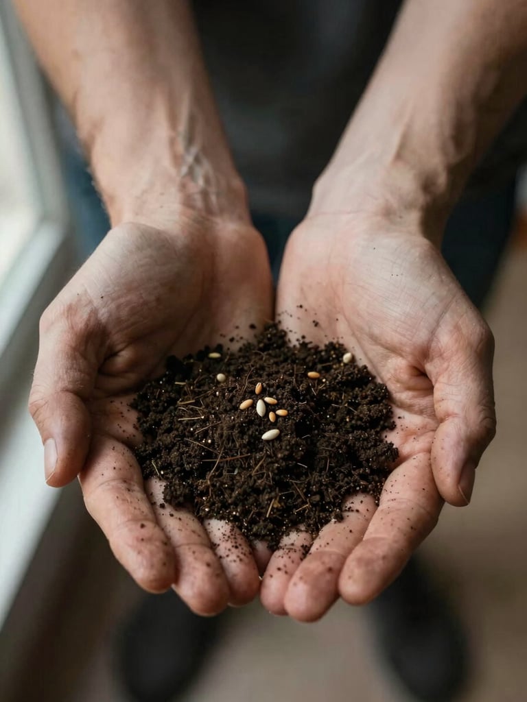Close-up overhead of a single handful of dark soil held in open palms, a few small seeds visible between the fingers, soft window light from the left, matte earthy tones, rough texture of working hands