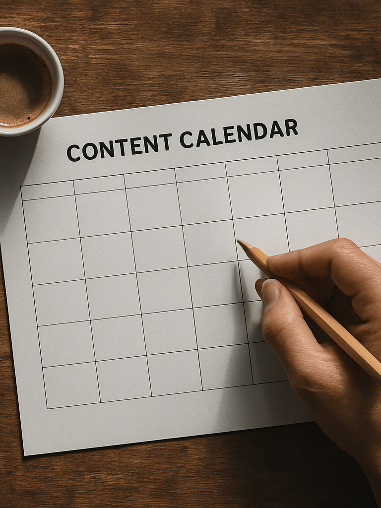 Close overhead view of a content calendar spread flat on a worn wooden desk, a hand holding a pencil mid-notation, natural north-facing window light raking across the paper surface, a small espresso cup visible at the upper-left corner