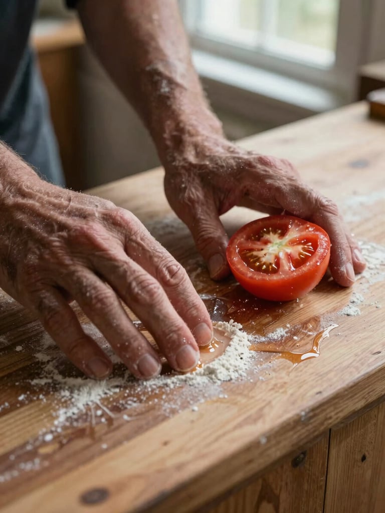 Close-up of weathered hands pressing down on a wooden prep counter, a single halved tomato resting beside them, natural north-facing window light raking across the grain of the wood, flour dust and moisture visible on the surface