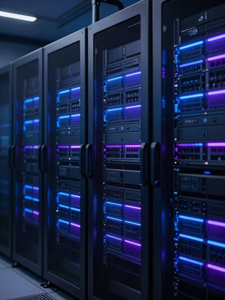 Sleek dark-mode technology photography, glowing blue and purple server racks in a secure data center, sharp focus, 35mm