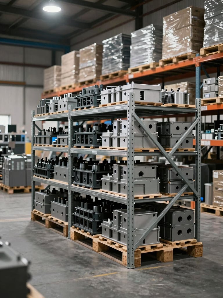 Industrial goods stacked on pallets inside warehouse, metal shelving units loaded with manufactured components and raw materials, overhead warehouse lighting, organized inventory visible across multiple racks, neutral gray and steel tones