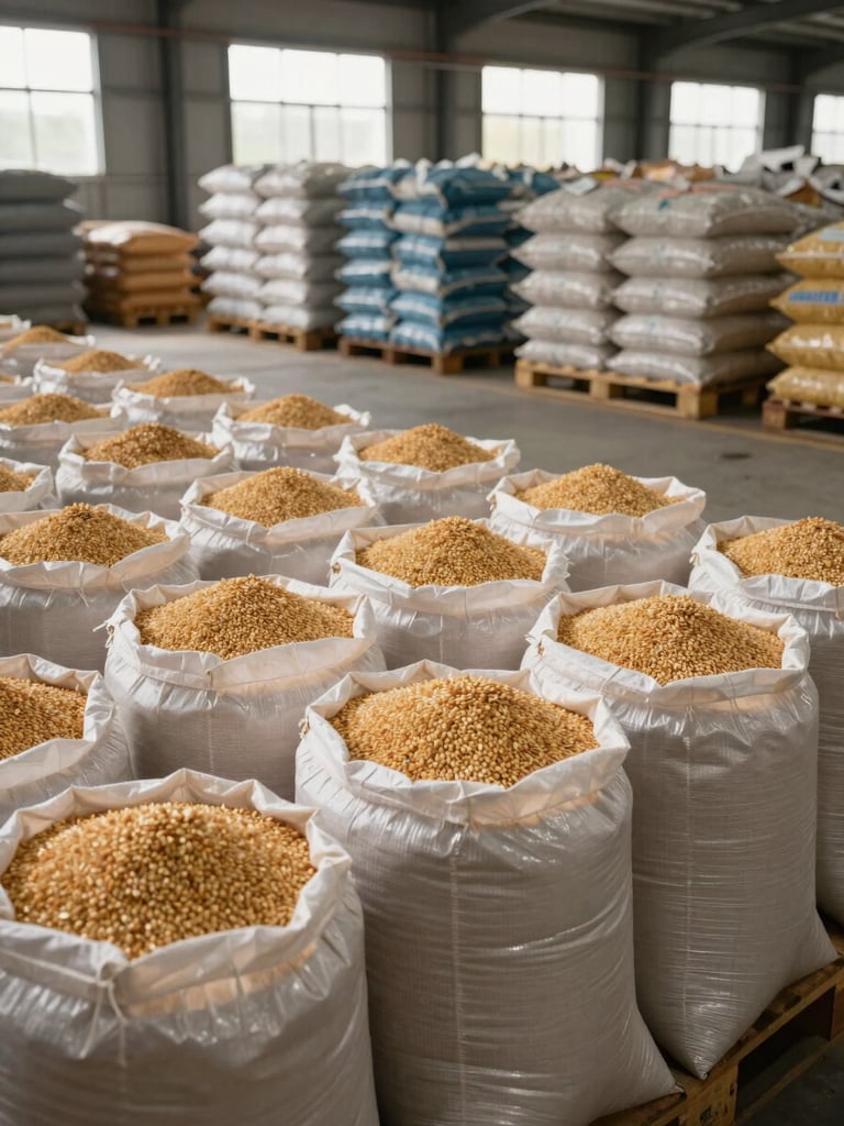 Agricultural goods in bulk—sacks of grain or fertilizer stacked in warehouse, palletized agricultural products, wide shot showing storage density, daylight warehouse environment, natural light through high windows