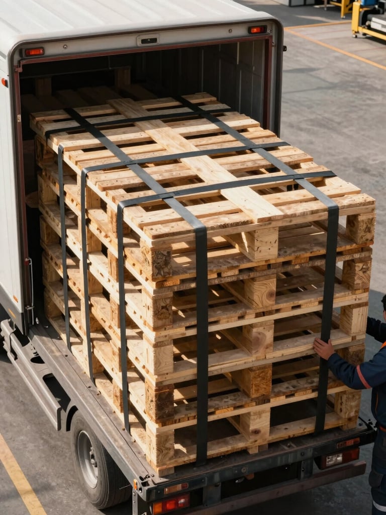 Wide overhead shot of industrial cargo being secured and loaded into a truck bed, wooden pallets stacked with straps, worker's hands visible guiding goods, natural daylight, warehouse floor beneath, emphasizing scale and systemization