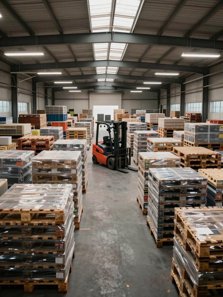 Wide-angle interior of an active warehouse under overhead fluorescent lighting, palletized industrial goods organized in dense rows extending deep into the frame, a forklift mid-movement in the middle distance, flat documentary daylight from high clerestory windows