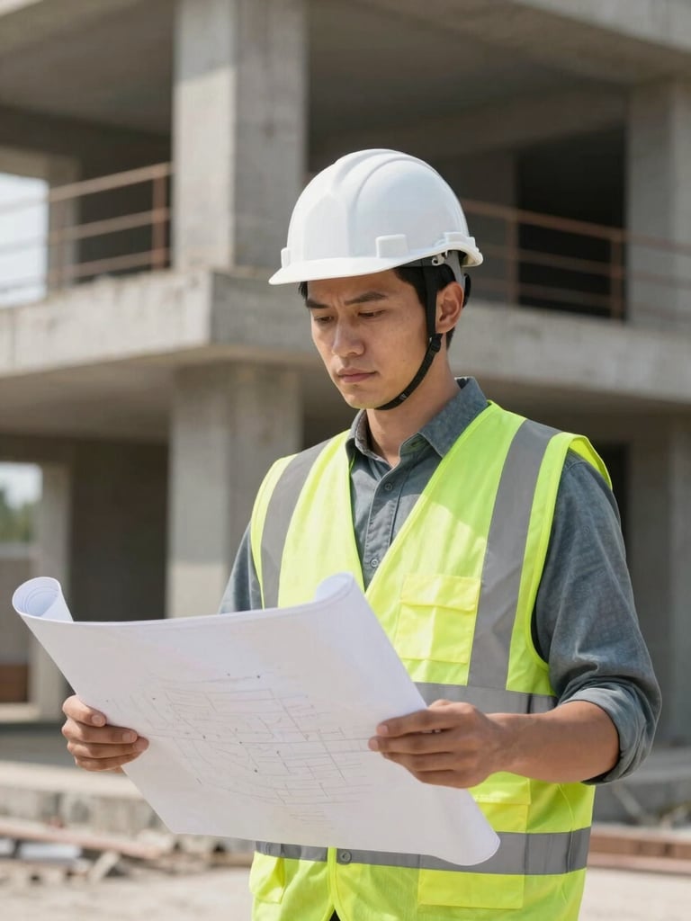 An architect in a white hardhat and safety vest holding a blueprint, standing in front of a raw concrete building structure, realistic natural daylight.
