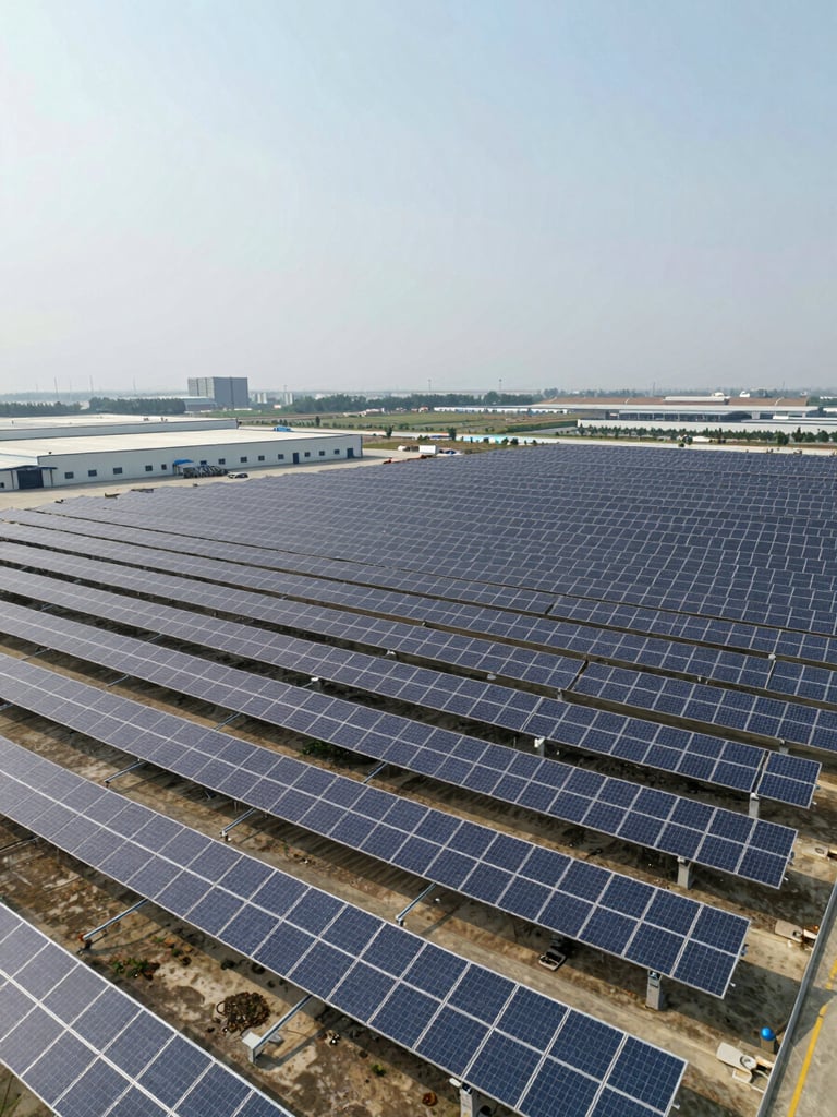 Wide aerial view of a completed utility-scale ground-mount solar array at an industrial logistics campus, rows of panels extending to the horizon under flat overcast daylight, facility warehouse visible in the far left background for scale, no glare
