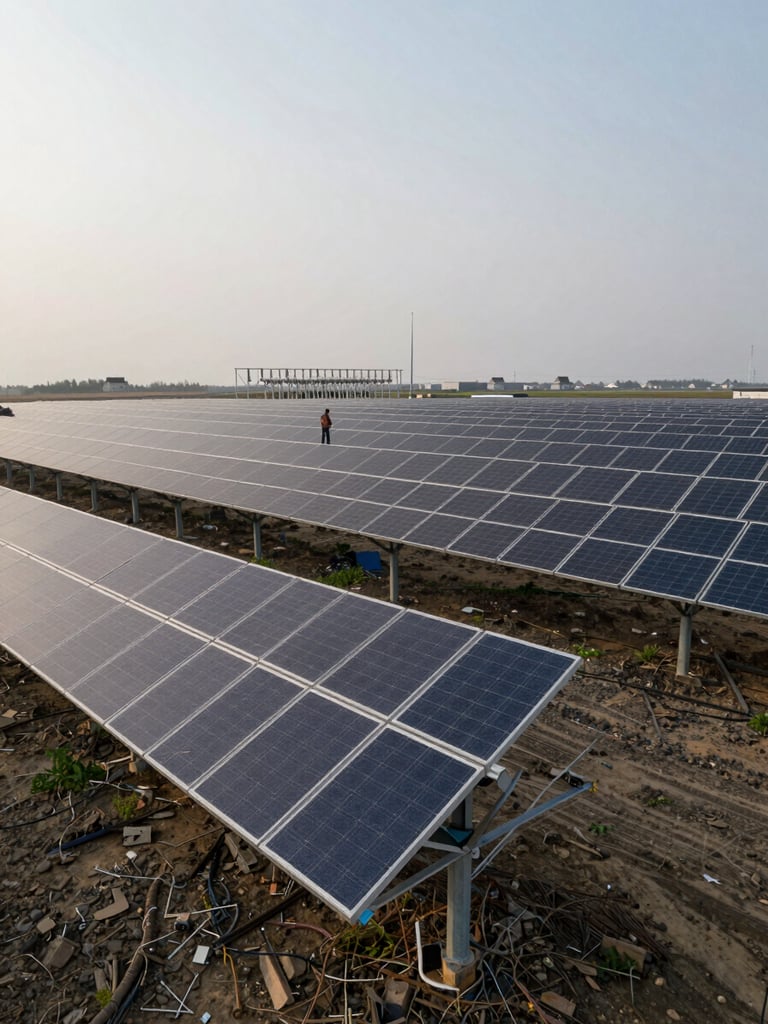 Wide environmental shot of a completed utility-scale solar farm from ground level, row upon row of panels receding toward a distant substation under overcast morning light, a single technician in the far middle ground providing scale, shot with industrial documentary precision