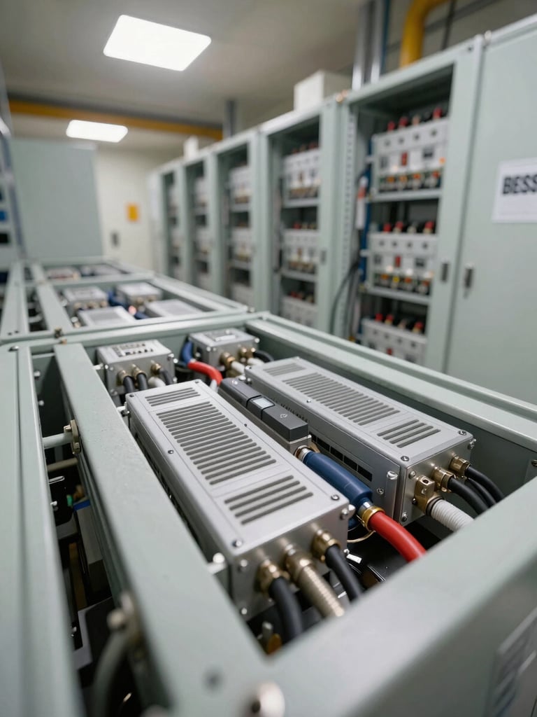 Close-up wide-angle shot of a BESS cabinet termination bay inside an industrial electrical room, exposed bus bar connections and cable management visible under neutral overhead lighting, precise engineering detail in the foreground with rack rows receding into background depth