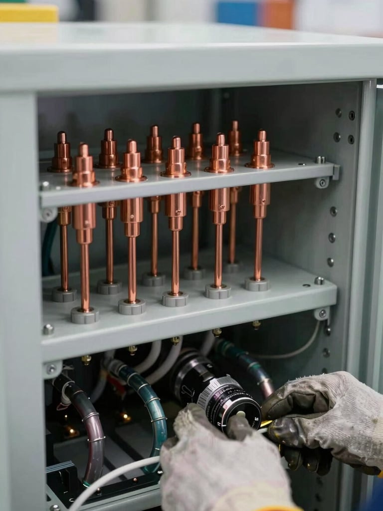 Close-up documentary photograph of an enterprise BESS cabinet interior during integration work, copper termination lugs precisely torqued, conduit runs entering from below, a technician's gloved hands visible at the lower edge providing scale, overcast natural light, no posed elements
