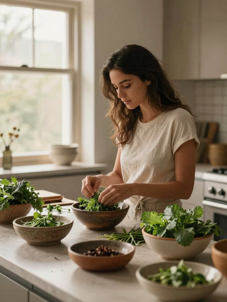 Sophia Vega prepping fresh herbs in a modern, elegant kitchen, rustic ceramic bowls with organic ingredients, warm natural window light, muted earthy tones