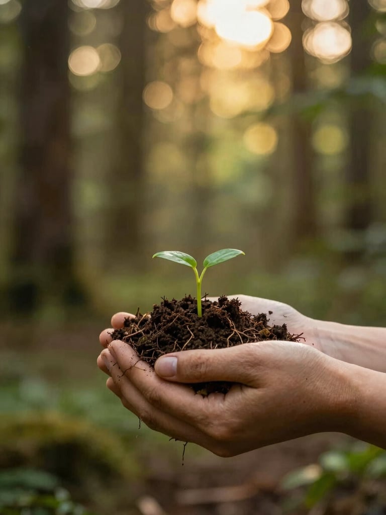 Hands holding rich dark soil with small green sprouts, soft golden-hour forest light, shallow depth of field, warm editorial style