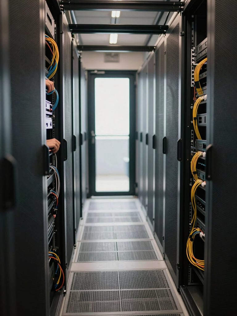 Wide environmental shot of a dimly lit server room corridor, a technician's hands visible at a rack panel under warm task lighting, cables organized with deliberate care, soft natural light bleeding in from a glass door at the far end