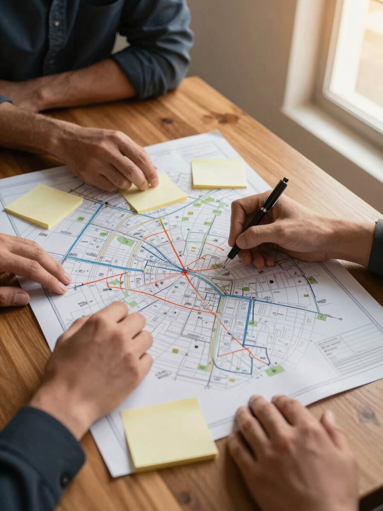 Overhead shot of a planning session, two sets of hands over a large printed roadmap on a wooden table, sticky notes in small clusters, a pen mid-motion, warm golden-hour light entering from a window off to the right side