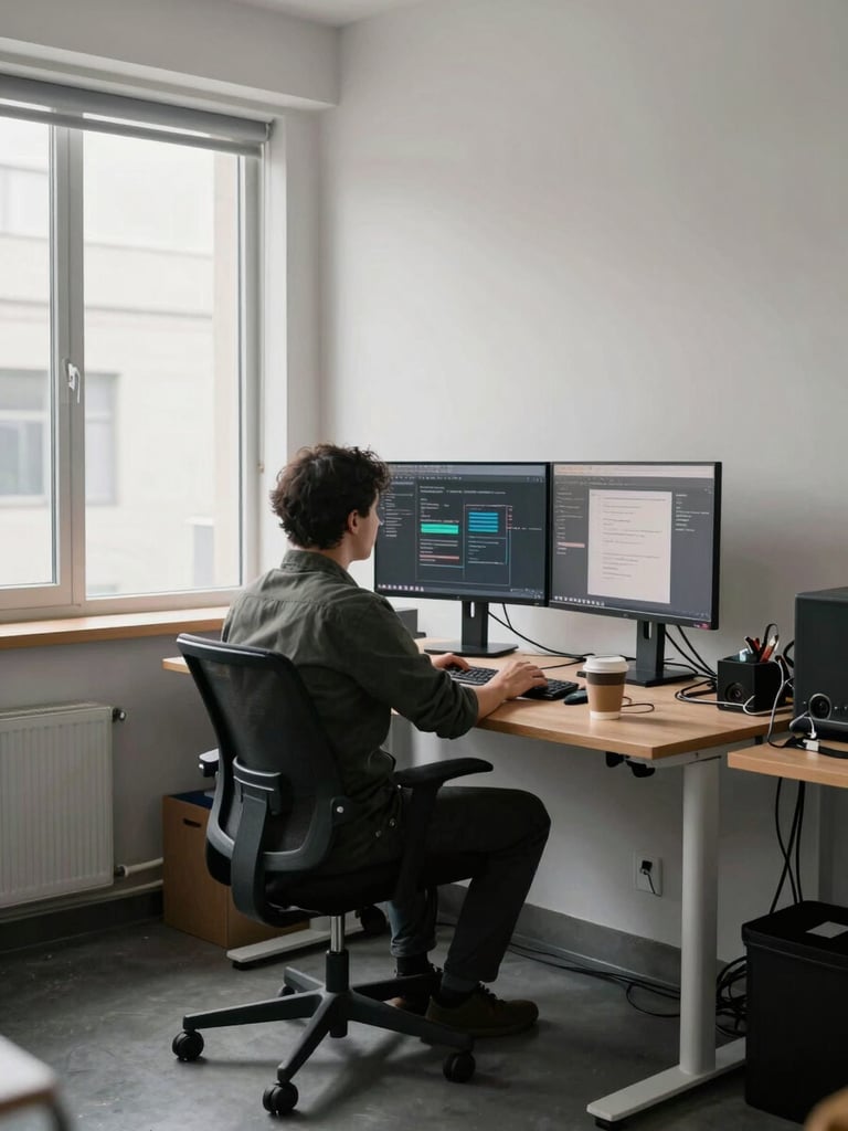 Candid wide shot of a quiet office corner, a person seated at a standing desk looking at dual monitors, natural light from a large window to their left, coffee cup on the desk surface, cables and peripherals visible in natural clutter