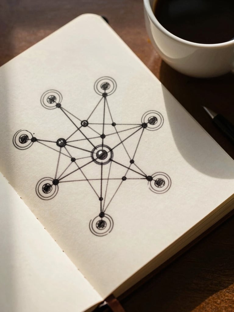 Extreme close-up overhead of a notebook open on a desk, handwritten network diagram in ink, a coffee cup at the top right corner, warm window light casting soft shadows across the page, a pen resting in the gutter