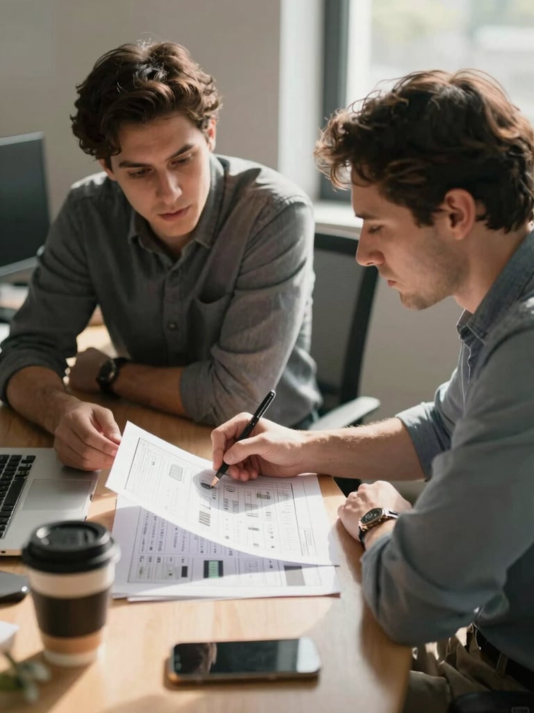 Candid shot of two colleagues at a shared desk reviewing printed monitoring reports together, coffee cups nearby, warm natural light from a side window, relaxed and focused — no posed eye contact with the camera