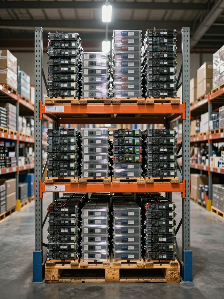 Straight-on medium shot of organized warehouse interior, palletized electronics stacked on high steel racks, clean industrial lighting.