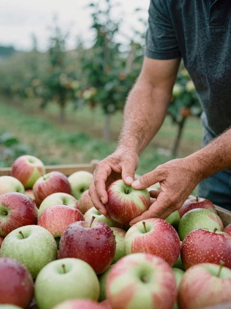 Warm editorial photography, soft natural overcast daylight, candid mid-action shot of a farmer sorting heirloom apples, rich crimson and forest green tones, 35mm film look