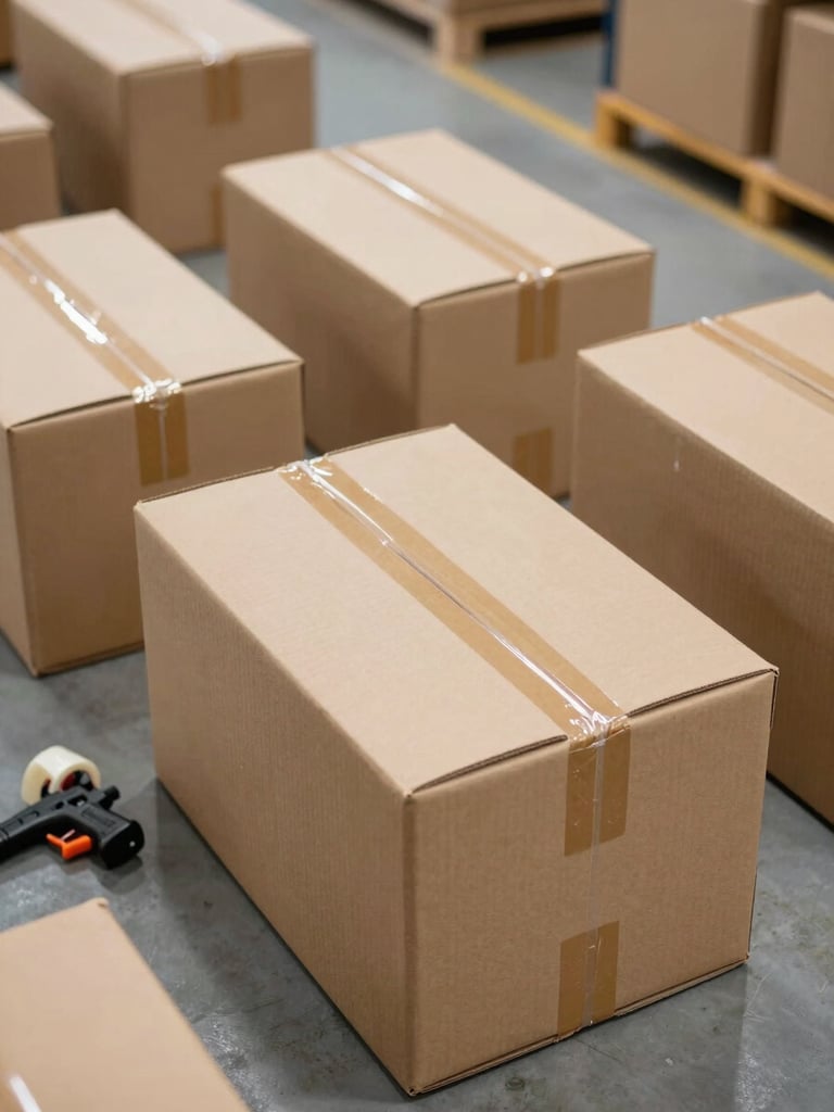 Close overhead view of cardboard shipping boxes staged on a warehouse floor, tape guns and packing materials visible, bright even facility lighting, product ready for regional dispatch