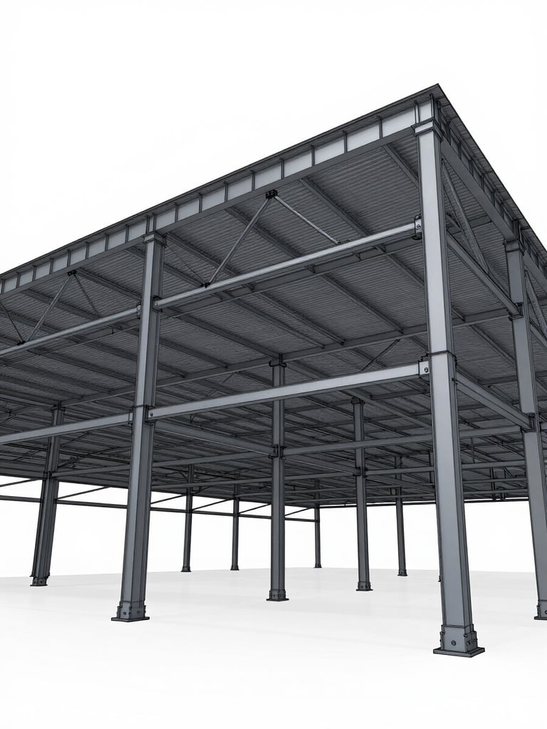 A clean, technical 3D CAD wireframe model of a massive steel warehouse structure, displaying structural joints, beams, and columns in sharp detail.