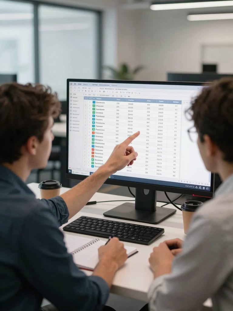 Wide environmental shot, north-facing daylight indoors, two team members side by side at a large monitor reviewing a spreadsheet of outreach contacts, one person pointing at a row of publisher domains on screen, notebooks and coffee visible on the desk surface, clean modern office background slightly blurred