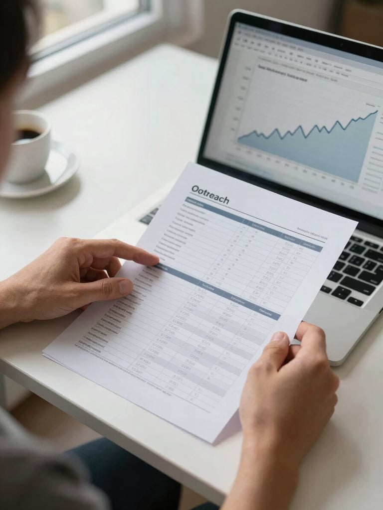 Close-up overhead view of a team member's hands reviewing a printed outreach tracking spreadsheet on a desk beside an open laptop showing a backlink growth curve chart, clean daylight from a side window, no screen glare, tidy desk surface with a coffee cup at the far edge