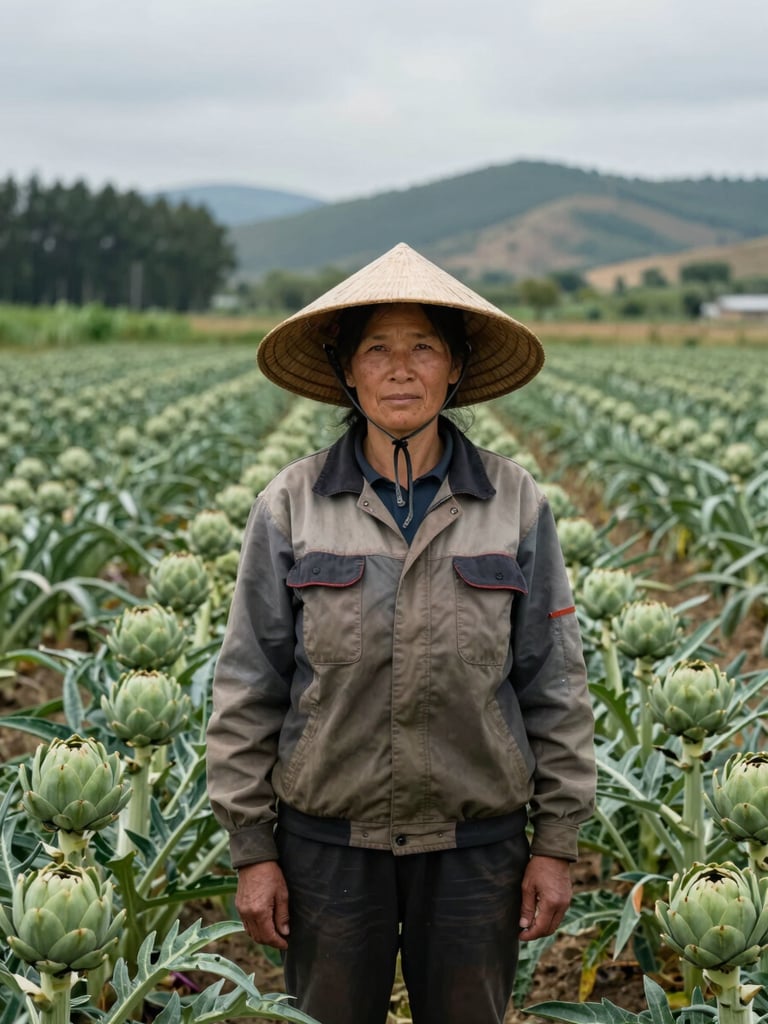 Eye-level documentary portrait of a woman in her forties standing in an atichoke field, wearing a conical hat and work clothes, rows of tall green artichoke plants behind her extending to the tree line, natural overcast daylight, A Lưới valley hills visible in the background, honest direct gaze