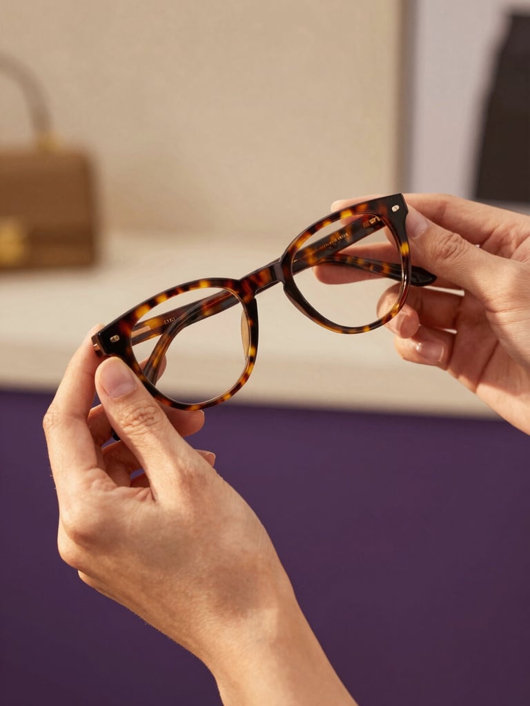 Close-up of elegant hands holding a premium tortoiseshell frame, warm natural light, soft-focus boutique background