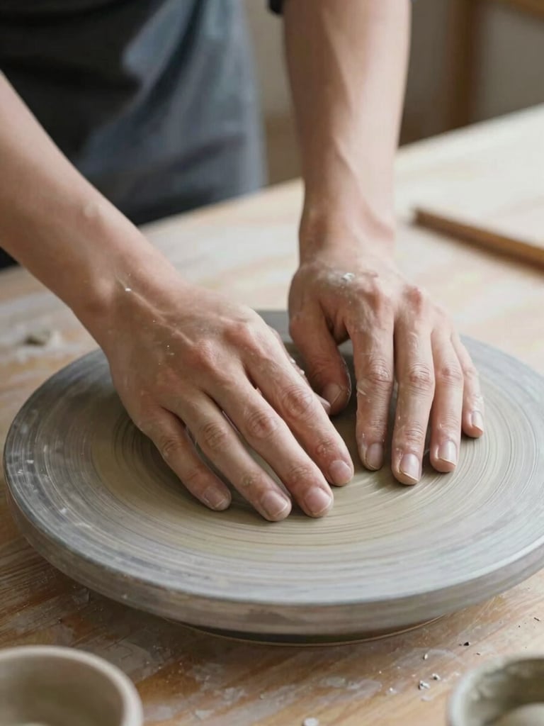 Close-up of hands pressing clay on a wooden worktable, north-facing daylight raking across the surface, raw material visible at the edges of the frame, unhurried and mid-process