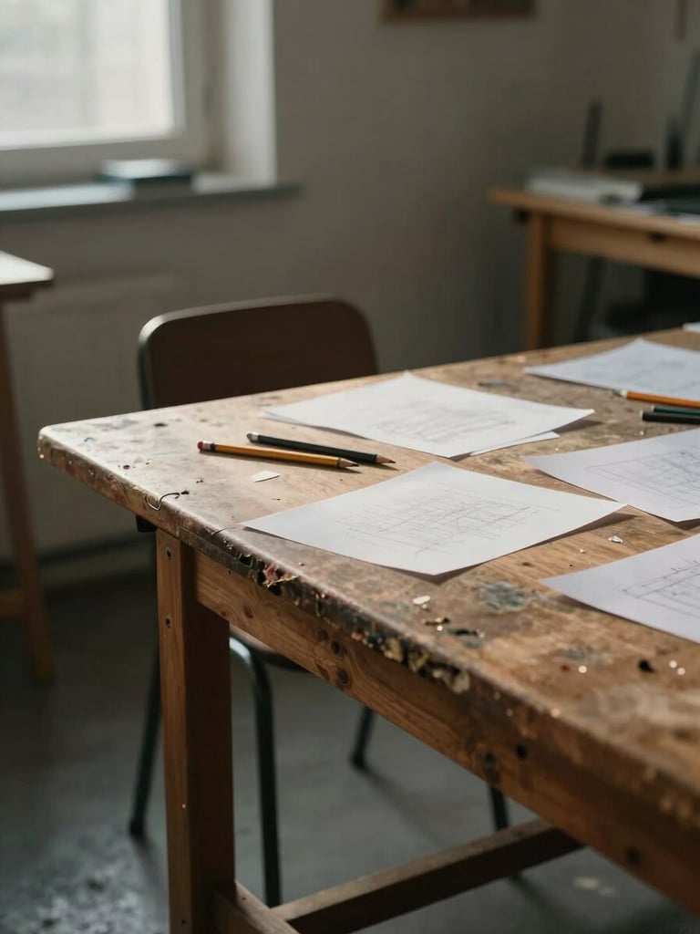 Wide shot of a quiet north-lit studio interior, a worn wooden worktable occupying the right two-thirds, scattered pencils and paper sheets mid-process, soft daylight pooling across the surface, empty chair pulled back, no people present