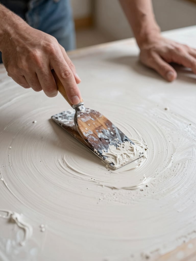 Close-up portrait-format image of hands smoothing a surface of wet plaster on a recessed panel, a worn wooden float tool in frame, north-facing studio daylight, dust and texture visible mid-stroke