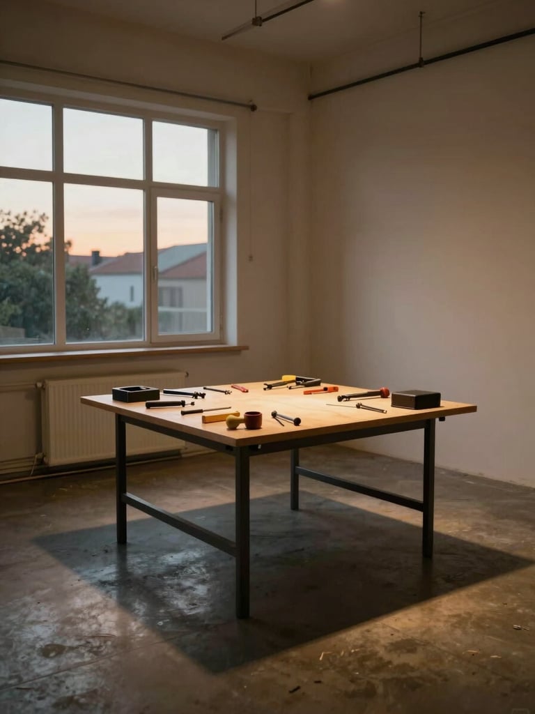 Wide shot of an empty studio interior at dusk, a single worktable lit by a north-facing window, tools laid out in quiet order, no people present, warm ambient light on a concrete floor