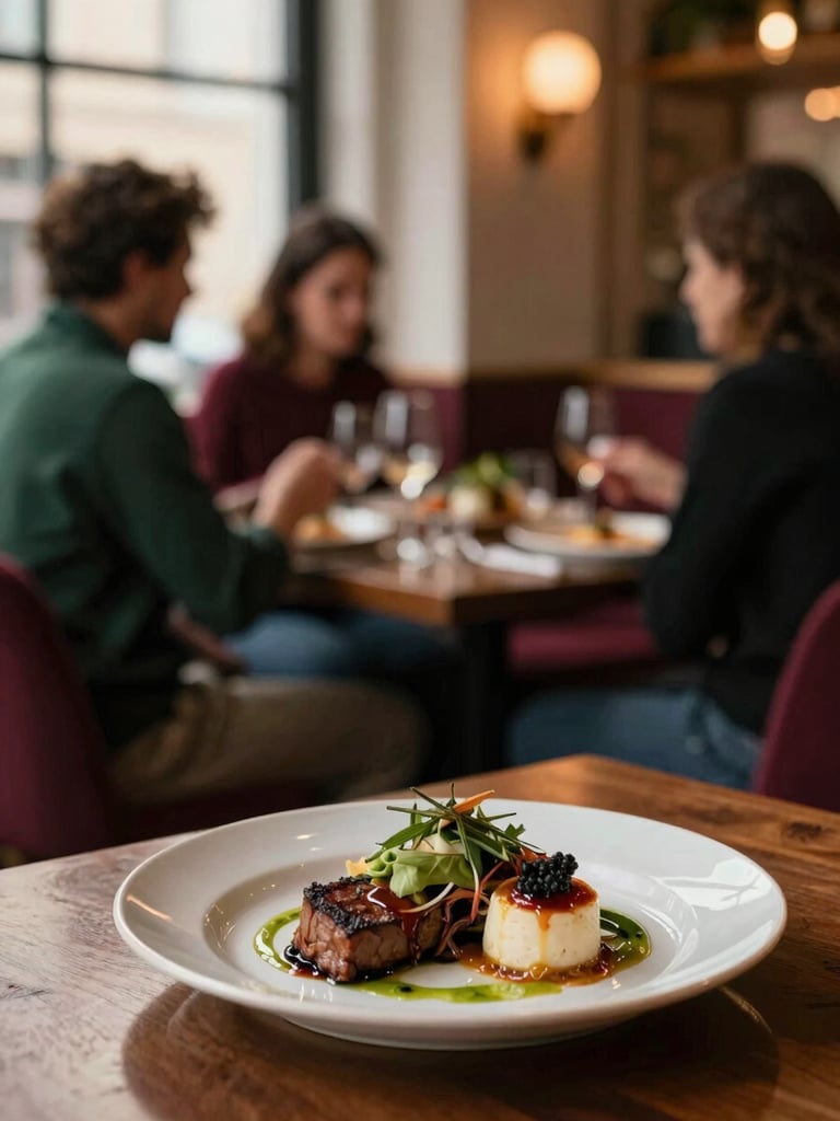 Portrait shot of a cozy, Scandinavian-style restaurant interior during the 5 PM rush, warm amber lighting, blurred diners in the background, a beautifully plated dish in the foreground, soft natural window light, warm editorial photography, deep crimson and forest green tones, shallow depth of field, 35mm