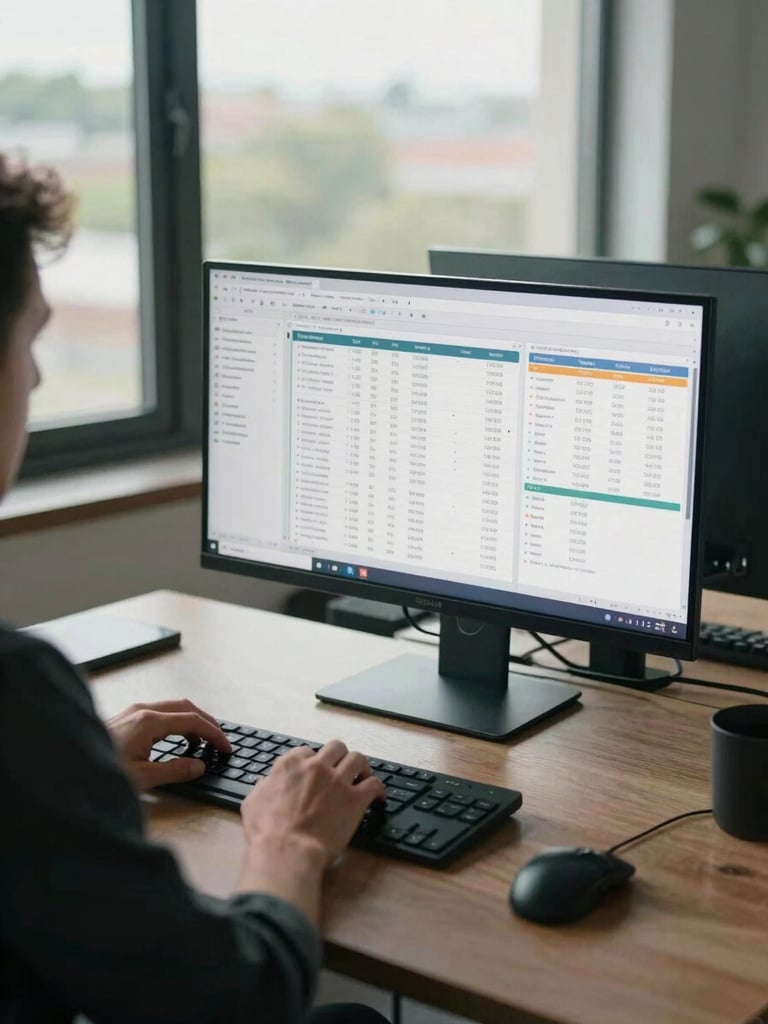 Wide environmental shot of a strategist reviewing a multi-tab analytics spreadsheet at a standing desk, daylit room with large window behind, cool natural light, overhead angle showing keyboard and screen simultaneously, no face visible