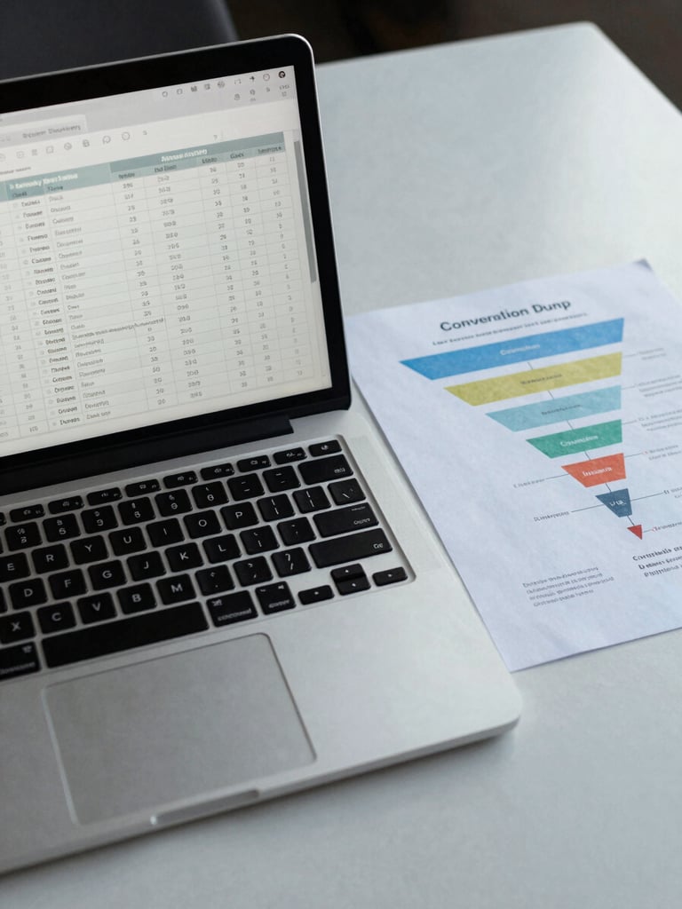 Overhead shot of an open laptop showing an SEO rank-tracking spreadsheet alongside a printed conversion funnel diagram on a clean desk, cool daylight from above, no people in frame