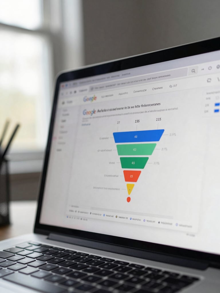 Close-up of a laptop screen showing a Google Analytics dashboard with conversion funnel data and channel attribution, natural daylight from a window to the left, desk surface faintly visible below, cool studio light, sharp screen detail