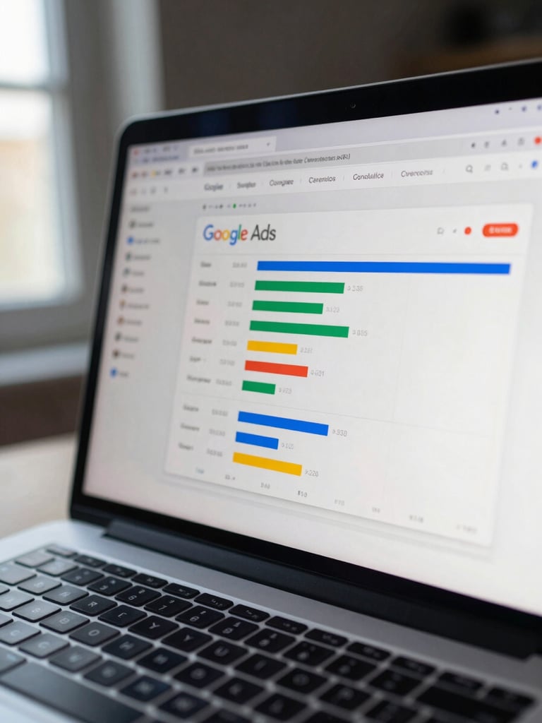 Close-up of a laptop screen displaying a Google Ads campaign dashboard with conversion funnel metrics, cool window light from the left, keyboard partially visible at frame bottom, sharp editorial framing