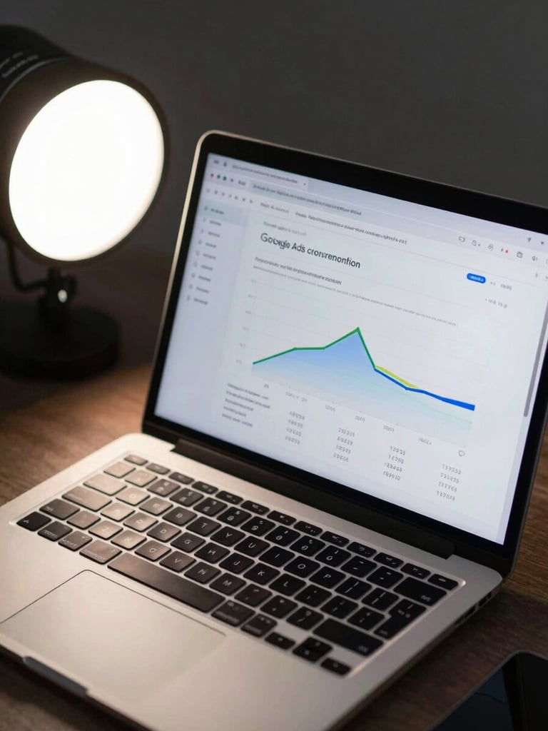 Close-up overhead shot of a laptop screen displaying a Google Ads dashboard with conversion funnel metrics, cool studio strobe light from the left, dark desk surface visible at edges, numbers and graphs sharp in frame