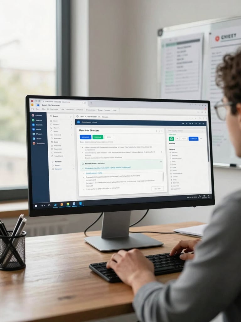 Wide environmental shot of a strategist reviewing Meta Ads Manager on a large monitor at a standing desk, natural daylight from a window on the left, whiteboard with campaign notes visible in background, no face visible