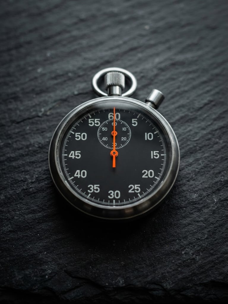 High-contrast macro shot of a precision mechanical stopwatch resting on a dark slate desk, sharp directional light casting deep shadows, electric orange hand pointing to zero.