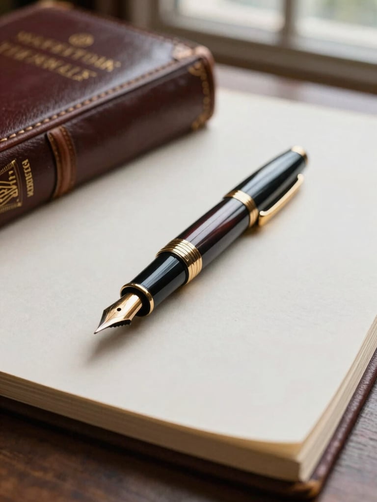 A close-up portrait of a classic fountain pen resting on heavy ivory-stock paper next to a leather-bound legal volume, soft library window light.