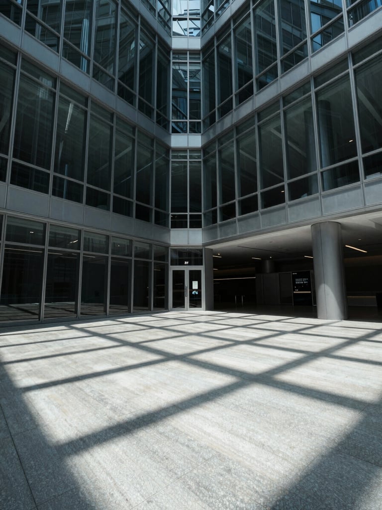 A stark, high-contrast architectural photograph of a modern corporate atrium with glass panels and sharp geometric shadows, cool clinical lighting, wide angle.