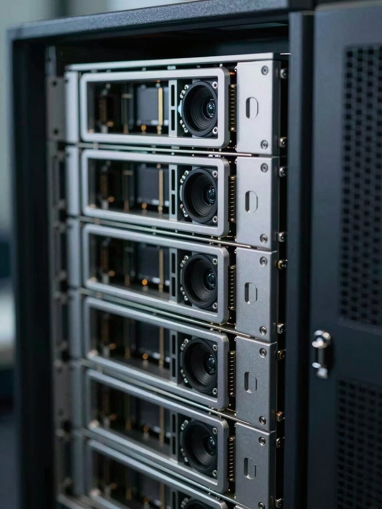 Macro detail of physical server infrastructure and structured workspace, cool clinical lighting, deep shadows.