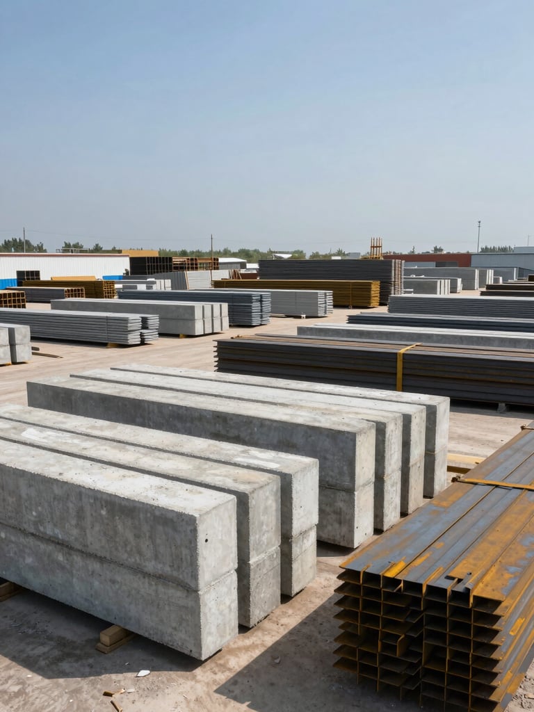 Wide panoramic view of a large construction materials distribution yard, stacks of concrete precast columns and bundled steel beams filling the foreground under a clear midday sky, yard extends deep into the frame showing industrial scale and logistical capacity, no people, documentary realism